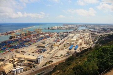 View of the container terminal of the port of Barcelona, Catalonia, Spain, from above.