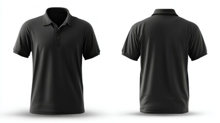 Black men's polo shirt template with front and back views, ideal for graphic design mockups, presented on a white background.