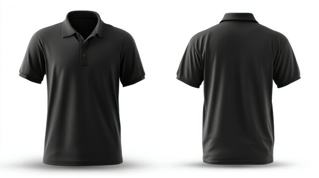 Black men's polo shirt template with front and back views, ideal for graphic design mockups, presented on a white background.