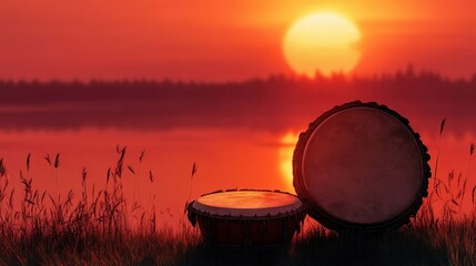 Two drums sit peacefully at the lake at sunset