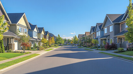 sunny residential street with modern homes and lush greenery