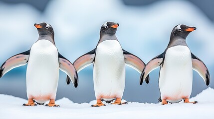 Obraz premium Three Penguins Displaying Unique Postures in Icy Environment