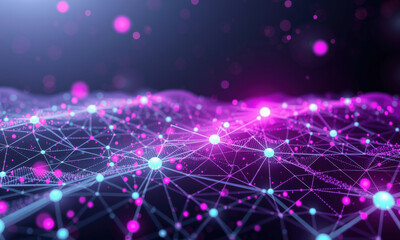 Obraz premium vibrant digital landscape showcasing interconnected nodes and lines, representing quantum data visualization with blend of pink and blue hues, evoking sense of innovation and technology