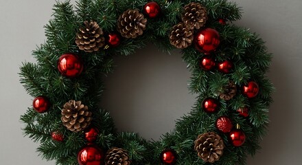 Festive Christmas wreath rich red ornaments pine cones. AI Generated
