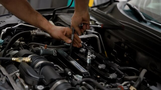 Mechanic working under the hood of a car in a repair shop.