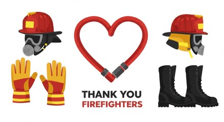 Greeting card featuring firefighter gear and a heart with the text 'Thank You Firefighters'. Dedicated to International Firefighters’ Day, May 4. 