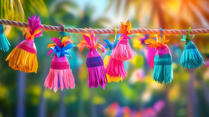 Colorful Decorations Hanging on Rope for Summer Festival Background