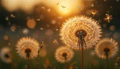 Golden Hour Dandelions With Seeds Floating In Field