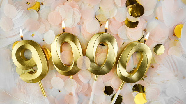 9000 followers card. 9k subscribers and online community fans. Social networks and blogs. Confetti background with candles number 9000 for social media celebration.