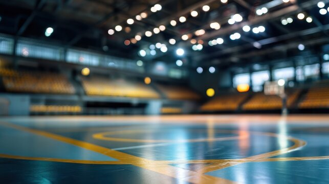Blurred background of a futsal arena with an empty court and seating area. The image captures the indoor sports facility, highlighting the court markings and the stadium's.