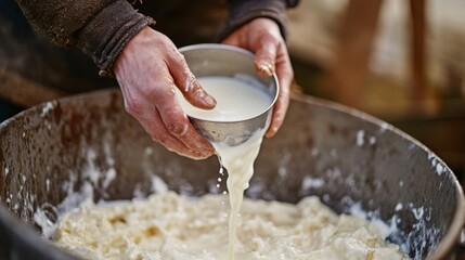 A dairy farmer's hands milking a cow by hand, warm white milk flowing into a stainless steel pail.