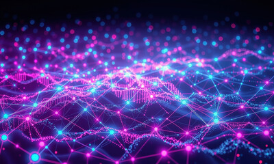 Obraz premium vibrant digital landscape showcasing interconnected nodes and lines in shades of blue and pink, representing data flow and quantum technology. visual evokes sense of innovation and complexity