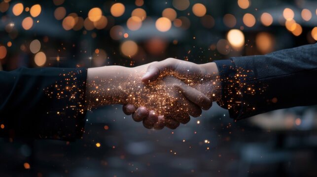 Collaborative agreement marked by a handshake with sparkling energy in a lively setting