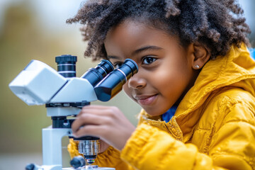 Little girl engrossed in examining a specimen through a microscope, her eyes wide with curiosity and wonder.