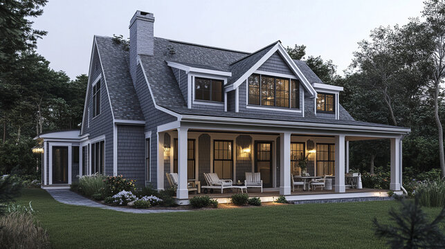 Charming gray vacation home with classic Cape Cod style and cozy porch