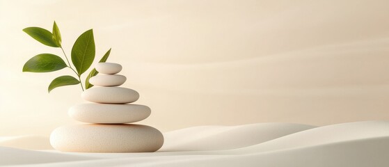 Zen Balance, Serene Spa: Stacked Stones with Green Plant Against Calm Background