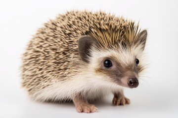 Obraz premium Small hedgehog exploring a bright white background in soft lighting with curious eyes and a playful demeanor