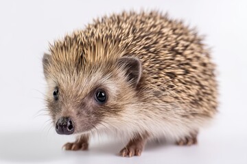 Fototapeta premium Small hedgehog exploring a bright space with soft lighting on a clean white background
