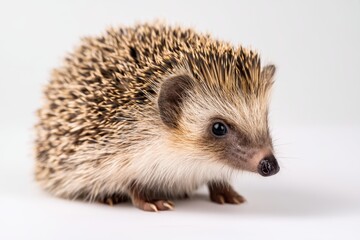 Obraz premium Charming small hedgehog resting on a soft white surface in gentle lighting, showcasing its unique features and textures