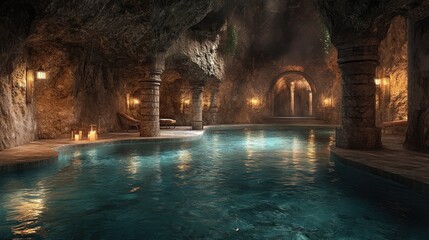 Serene underground pool in a cave setting with soft lighting and tranquil ambiance for relaxation or wellness inspiration