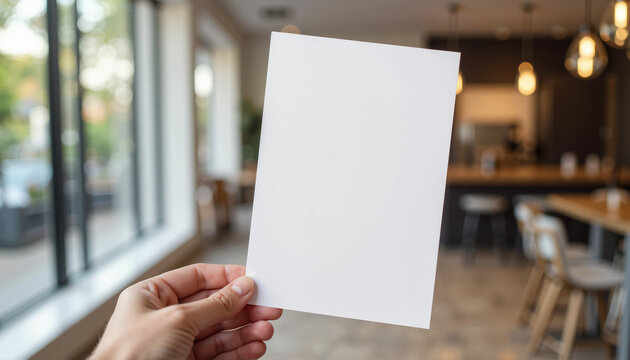 Hand holding blank flyer mockup in modern cafe, customizable design