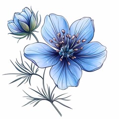 Beautiful Blue Blooming Flower Illustration: Vibrant Botanical Art with Delicate Petals and Greenery