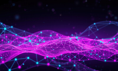 vibrant digital wave of interconnected nodes and lines, showcasing blend of pink and blue colors against dark background, evokes sense of technology and innovation