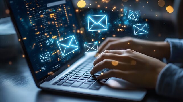 Email marketing campaign strategy send receive inbox laptop computer technology business communication concept