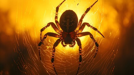 Obraz premium Sinister Spider Casting a Detailed Shadow on an Ancient Branch with a Suspended Web Against a Radiant Sunset Background