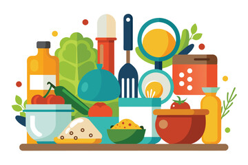 A colorful illustration depicting various kitchen utensils, food ingredients, and prepared dishes.