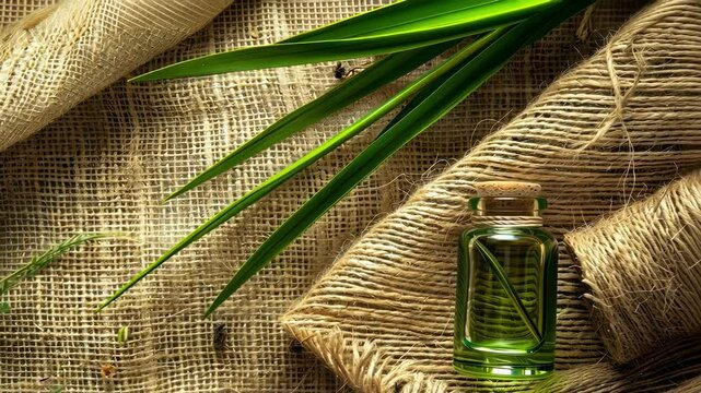 vetiver essential oil on burlap background. selective focus