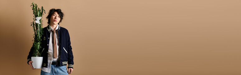 Spring fashion display by a stylish man featuring greenery in a modern studio