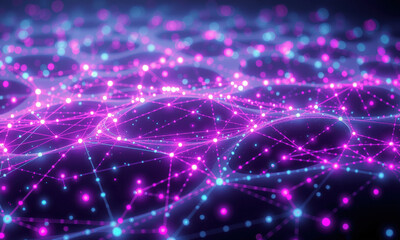 vibrant digital network visualization featuring interconnected nodes and lines shades of pink and blue, representing quantum data and technology. image evokes sense of innovation and complexity