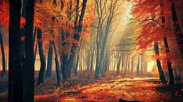 autumn forest in the morning. sun beams in  red fall forest