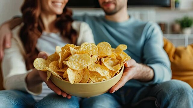 a couple in love is eating chips. selective focus