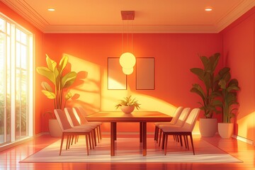 Modern Dining Room Interior Design with Orange Walls and Wooden Furniture - Chic Minimalist Decor and Natural Light Aesthetics