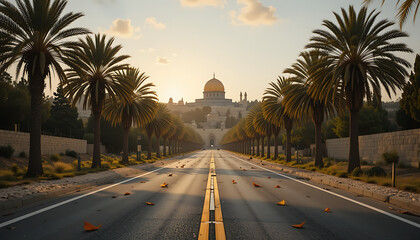 Fototapeta premium Realistic Wide Angle Road to Jerusalem with Palm Leaves Scattered, Warm Golden Hour Light for Palm Sunday