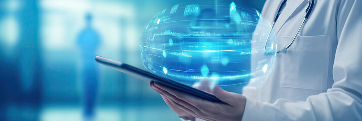 Doctor using digital tablet with blue interface