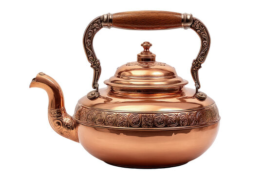 Antique copper kettle with ornate handle isolated on transparent background
