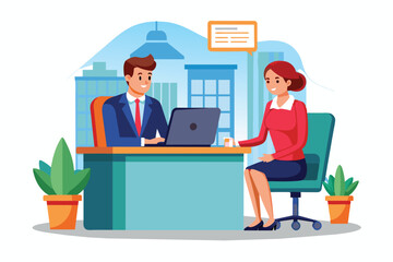 Obraz premium An illustration depicting a businessman seated at a desk, looking at a candidate while using a laptop.