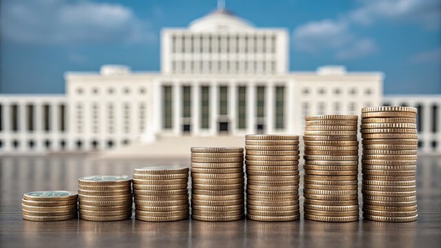 Raise taxes revenue VAT. Stacked coins in front of a large, classical building, symbolizing finance and investment.