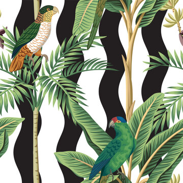 Tropical green parrots, palm trees floral seamless pattern wave background. Exotic jungle wallpaper.	