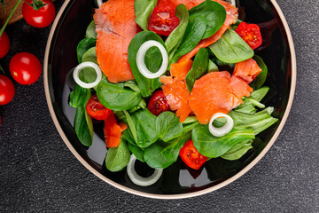 Salad salmon fresh seafood appetizer vegetables dish fresh tasty gourmet food background on table rustic food top view copy space 