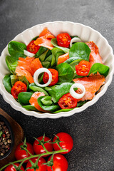 Salad salmon fresh seafood appetizer vegetables dish fresh tasty gourmet food background on table rustic food top view copy space 