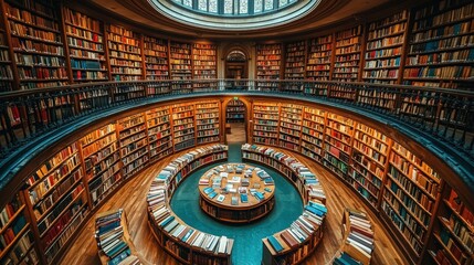 A pristine white circular podium positioned within a sophisticated setting of bookshelves and lush greenery, crafting an elegant ambiance ideal for product launches or literary gatherings. 
