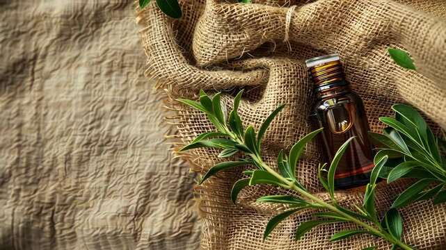 tea tree essential oil on burlap background. selective focus