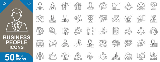 Business people icons set. Collection featuring diverse corporate characters, entrepreneurs, CEOs, managers, teamwork, office Staff, finance experts, and more. Vector illustration
