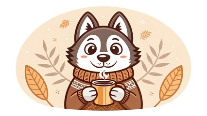 Cute 3D husky vector logo with a cozy sweater, sipping a hot cocoa mug, warm brown and beige tones, winter vibe.