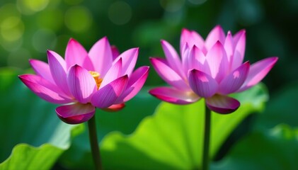 Obraz premium image featuring a stunning pair of vibrant purple lotus flowers blooming in a lush garden setting, beautiful, botanical