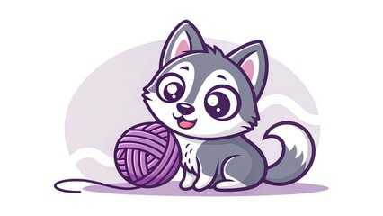 Fototapeta premium Cute 3D husky vector logo playing with a yarn ball, big curious eyes, soft purple and white palette, kitten-like energy.